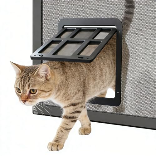 ENJOYING Katzenklappe für Fliegengitter, Kleine Hundeklappe Fliegengittertür mit Ersatz-Magnettür, Haustiertüren für Schiebetüren Fenstertür, Automatisch schließen, Verriegelbar, Schwarz