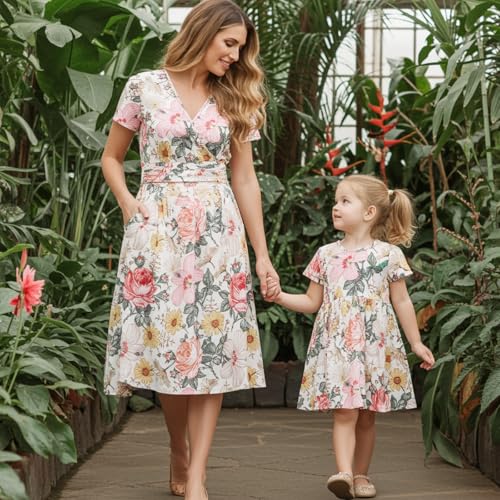 Mommy and Me Floral Dresses Mother Daughter Matching Short Sleeve Tshirt Midi Dress Crew Neck Outfits with Pockets4
