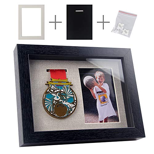 RUIAN Medal Display Shadow Box Frame, Single Medal Case Display 3 x 4.5 Photo, Medal Display Box for Runners Marathon RECE Winner Soccer Gymnastics All Sports(6''x8'', Black)