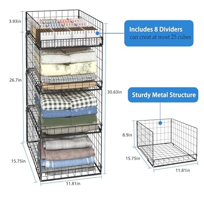 4 Pack Closet Organizers and Storage Shelves for Clothes, 4 Tier Stackable Closet Storage Basket Bin Container for Clothing Sweater Jean, Narrow, Foldable, Sturdy Metal Closet System Organizer Shelf
