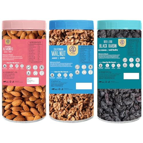 Image of 41 Foods Premium Dry Fruits Combo of Almonds Black Raisins Walnuts | Pack of 3 | 200g Each | 600g