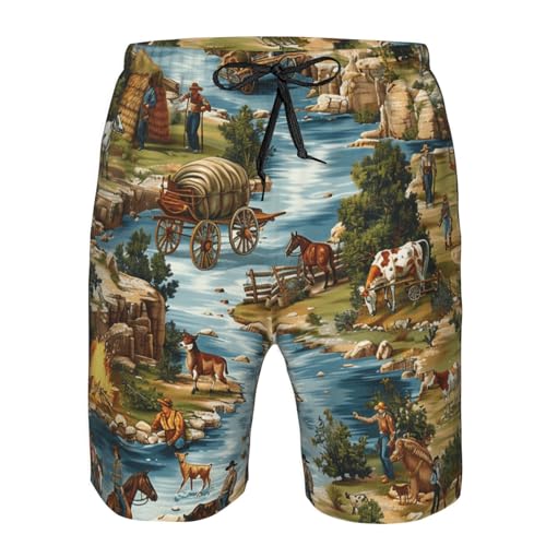 Men's Quick Dry Swim Shorts Cowboys Western Old West Landscape Horses Vintage Beach Trunks with Pockets3