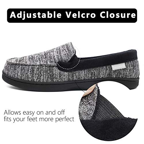 Mwfus Men's Comfy Memory Foam Moc Slippers Breathable Cotton Knit House Shoes Indoor Outdoor(Grey Stripes,Size 11)