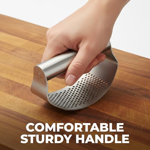 Image of Zulay Kitchen Stainless Steel Garlic Press Rocker Set - Time Saving, Durable Strong Garlic Mincer Tool - Easy to Use & Clean Garlic Crusher Set with Peeler and Scraper Kitchen Gadget Smasher