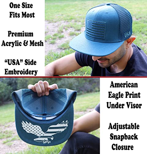 Image of Antourage American Flag Unisex Baseball Hat for Men and Women | USA Flag Mesh Snapback Flat Visor Cap + 2 Patriotic Patches