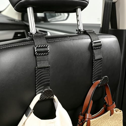 Image of Amooca 4 Pack Anti-drop Headrest Hooks Adjustable Car Seat Organizer | Universal Fit, Hanger for Backpack Umbrella Water Bottle Coat Purses Handbags Groceries, 40lb Heavy Duty, Black Carbon Fiber