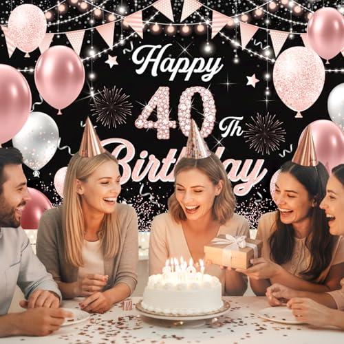 Image of 40th Birthday Decorations for Women - Happy 40th Birthday Banner Decorations Cheers to 40 Years Birthday Party Indoor and Outdoor Decoration Suppiles Pink Backdrop for 40th Birthday Party Favors Decor