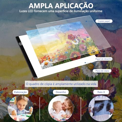 Prancheta de Desenho Profissional com Luz LED, Tamanho A4, Mesa de Luz com 3 Níveis de Brilho Ajustá