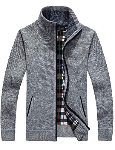 Liengoron Men's Casual Slim Full Zip Thick Knitted Cardigan Sweaters with Pockets (Gray, Large)