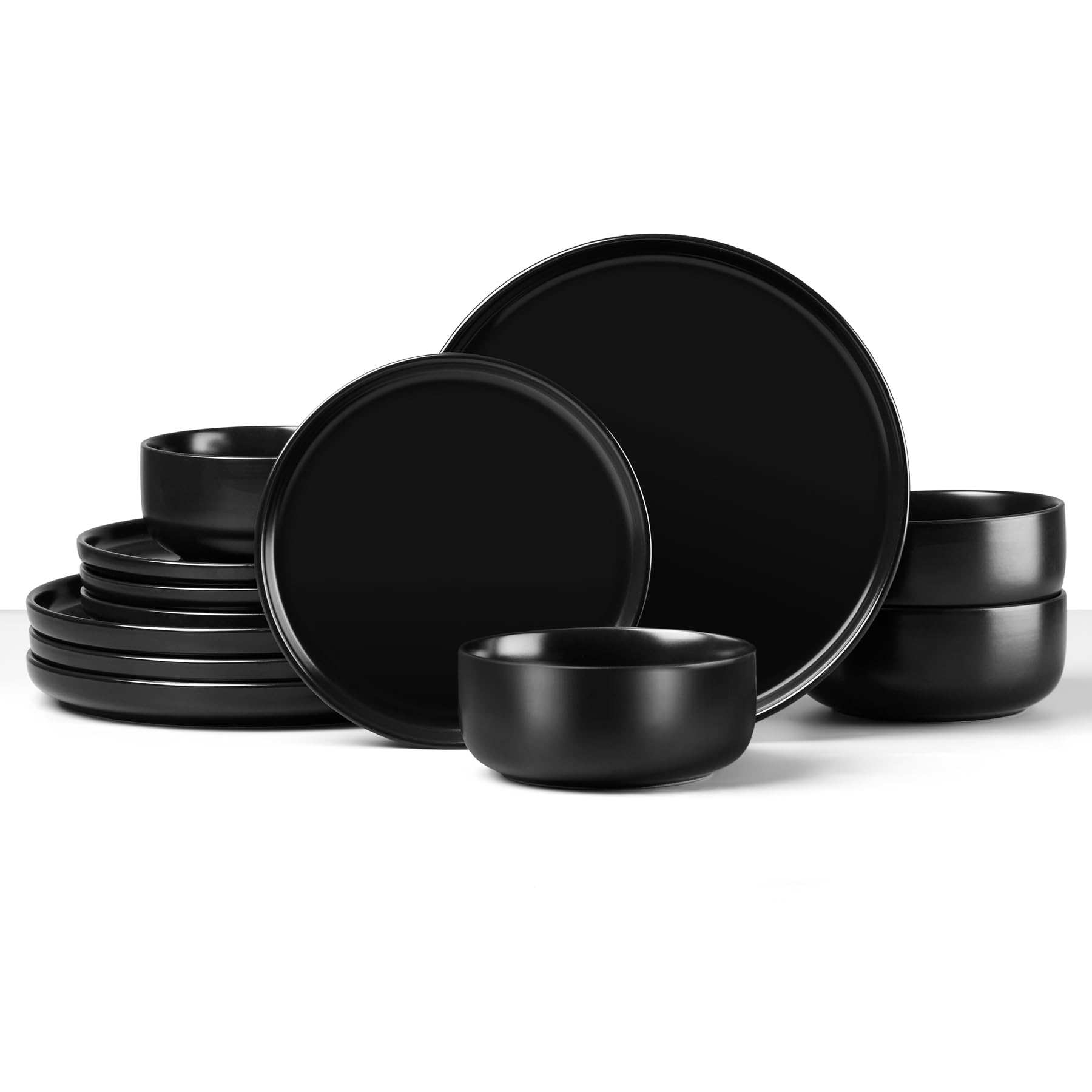 HaWare Dinner Set, 12 Piece Stoneware Dinnerware Service for 4, Elegant Matte Glaze Dining Ware Include Plates and Bowls, Chip and Scratch Resistant, Microwave & Dishwasher Safe, Matte Black