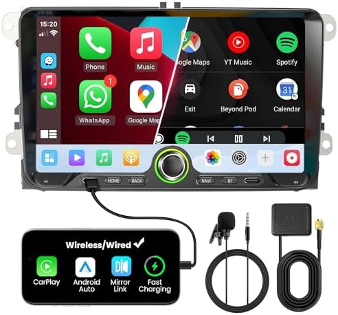 2 DIN Car Stereo for Volkswagen, Skoda, SEAT, Wireless CarPlay & Android Auto 9" Touchscreen, 4GB RAM 64GB ROM, Bluetooth 5GHz WiFi DAB+ FM AUX GPS