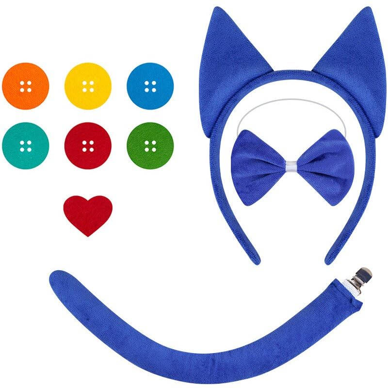 shishiruyizhong 9PCS Blue Cat Costume Set, Blue Cat Ears Headband Tail Button Heart Sticker 4 Button Patches Adult Read Book Day Party Costume Accessories Halloween Cosplay Costume