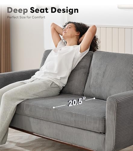 Image of Kingfun 65 inch Corduroy Love Seat with Spring Cusions, Mid Century Modern Loveseat Sofa for Livingroom & Bedroom, Comfy Upholstered Small Couch, Gray
