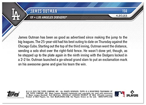2023 Topps Now James Outman #156 -Rc Rookie 9Th Inning Grand Slam Caps 2-Hr, 5 Rbi Performance - 4/20/23 - Baseball Trading Card- Los Angeles Dodgers. Topps Stated Print Run Of Only 2833 Made! Card Shipped In Protective Screwdown Holder. #TOP1