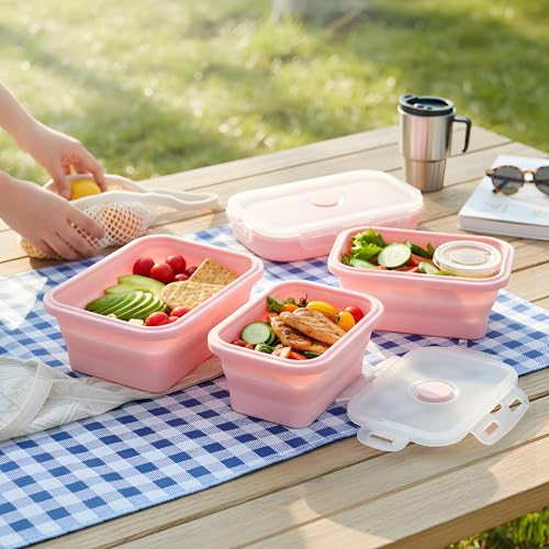 Image of The Better Home | Lunch Boxes | Food Grade Silicone | Tiffin Box Foldable Airtight Lid | Lightweight Travel-Friendly | Easy to Clean | Pack of 4 Multiple Sizes 350ml 500ml 800ml 1200ml Pink