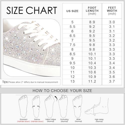 Suokdil Tênis feminino com strass brilhante com strass branco com glitter, plataforma, deslumbrante,