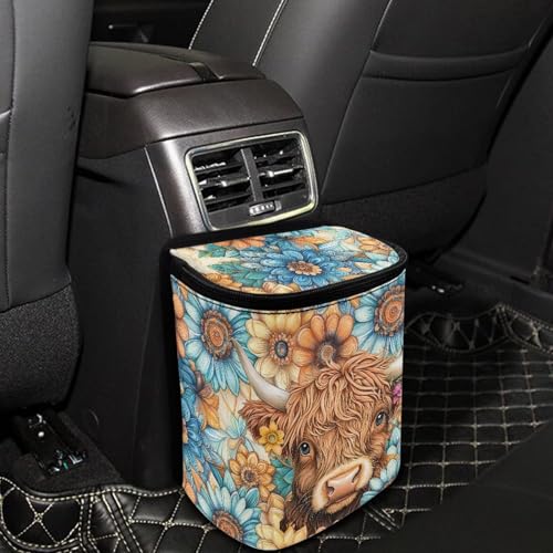 Image of Talayituse Boho Mandala Highland Cattle Print Car Trash Can with Adjustable Straps, Zip Closure Car Trash Bag Bin Auto Garbage Bag Multipurpose Storage Box for Vehicle Travel Camping Picnicing