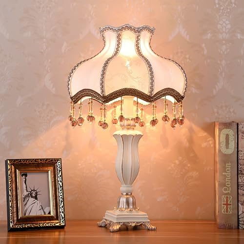 Victorian Style Table Lamp, Antique Fabric Decorative Desk Lamp with Fringe, Floral Bedside Light, European Nightstand Lamp for Bedroom and Living Room