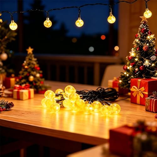 Guirlande Lumineuse Extérieur Solaire, 60 LED 11 m, Blanc Chaud, IP65, Résistante à l'hiver, Capteur Crépusculaire, 12 Heures de Lumière Continue, pour...