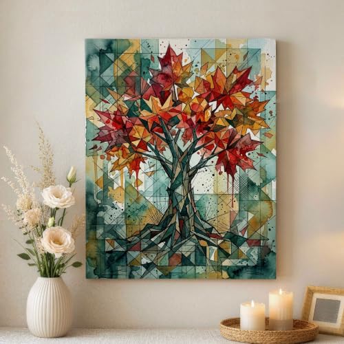 Lienzo abstracto de hojas modernas en rojo otoño con acabado artístico de alta calidad