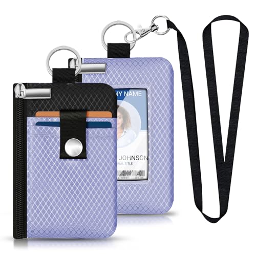 Image of Minimalist RFID Blocking Small Wallet with ID Window,WaterResistant Zip Id Case Wallet with Lanyard Keychain for Cards,Cash,Travel,Women,Men (Lavender Purple /Black)