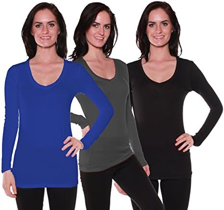 Active Basic Women's Long Sleeve V-Neck T Shirts 3 Pack(Ryl/Chrcl/Blk-1X)