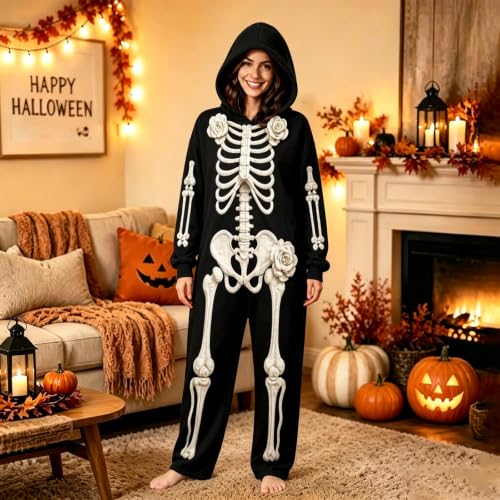 Skeleton Onesie Adult Unisex Spooky 3D Print Hooded Halloween Jumpsuit Cozy Couples Cosplay Party Costume 2026 - image 8