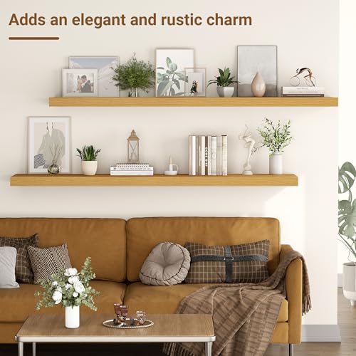 Image of 48 Inch Floating Shelves, 12 Inch Deep Floating Shelves for Wall, Extra Deeper & Thicker Wooden Wall Shelf with Invisible Brackets, Shelf for Bedroom Living Room Home Decor(Oak, Set of 2)