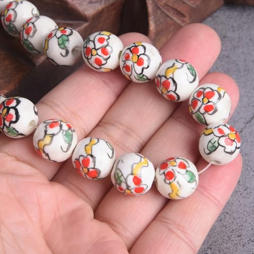 Lote de 5 Cuentas Sueltas de Porcelana y cerámica Redondas pintadas a Mano de 14 mm, Color Blanco