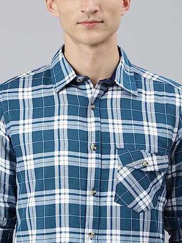 Image of Thomas Scott Men's Polyester Checkered Slim Fit Casual Shirt with Spread Collar and Long Sleeve (TS1045 Wood)