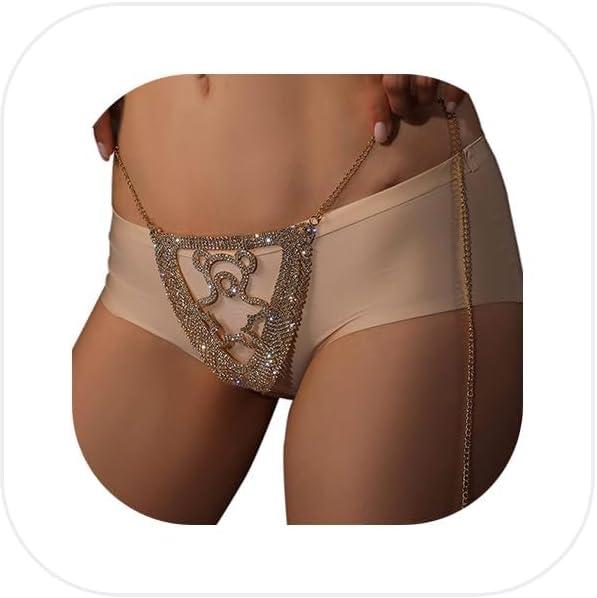 Women Sexy Rhinestone Waist Body Chain Bikini Thong Panties Crystal Body Chain Jewelry (Gold)