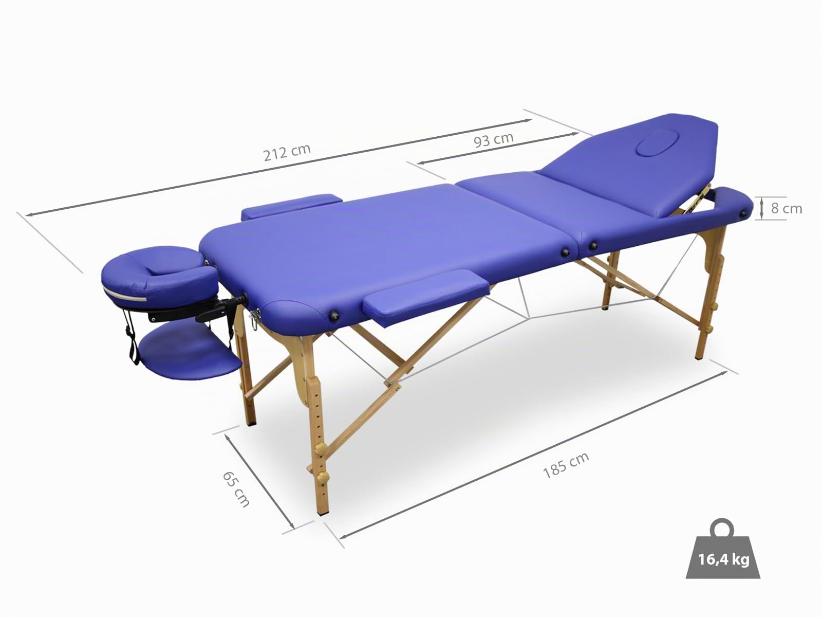 QUIRUMED Camilla de Masaje Plegable de Madera WELLCORE, con Respaldo abatible, Plus, 185 x 65 cm, Polipiel, Altura Regulable, Cabezal extraíble, Agujero Facial, Color Azul, hasta 225 kg