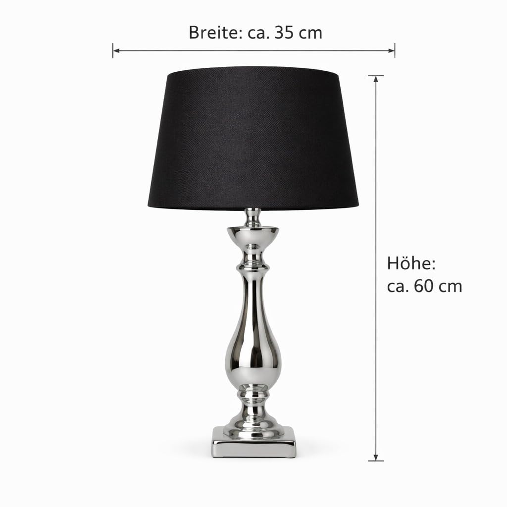 DRULINE Lovely Tischlampe 60 cm Tischleuchte Nachttischlampe mit Schwarzem Stoffschirm & Silbernem Keramikfuß mit Kabelschalter für Schlafzimmer, Wohnzimmer, Büro Dekolampe E27, Leselampe
