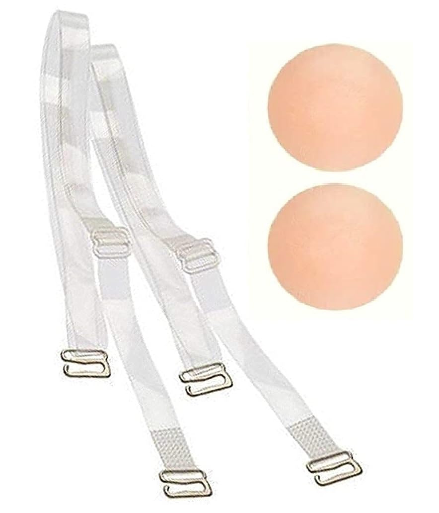 adjustable transparent silicone bra straps + silicone nipple covers reusable comfortable invisible pads for womens/girls (1 pair silicon niple cover + 1 pair transparent strap)