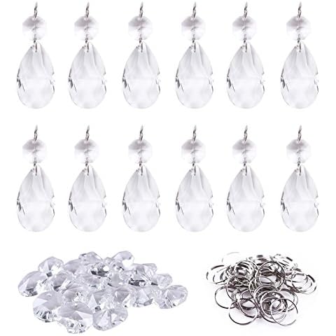 BIHRTC 12Pcs38mm Clear Crystal Teardrop Chandelier Prisms Parts Hanging Galss Crystal Pendants Beads +50pcs Metal Split Ring + 50pcs 14mm Octagonal Beads Cover