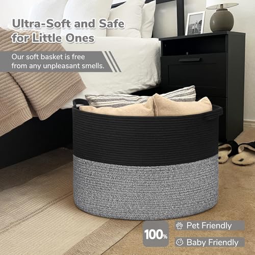Image of INDRESSME 115L Extra Large Cotton Rope Blanket Basket, Woven Basket for Toy Storage Organizer & Laundry Toy Box for Living Room Area & Nursery Room, Black & Grey