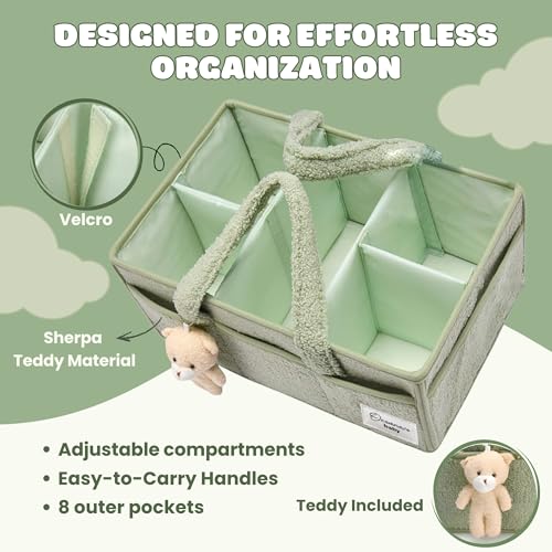 Image of OCEANEVO Cute Fur Diaper Caddy Organizer Bag WITH Luggage Tag AND Bear Charm, Baby Basket Essentials for Newborn Baby Products Storage with Compartments and Handle - 38 x 25 x 18 cm - Model 3 - Green