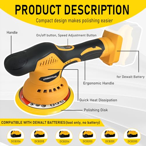 Cordless Car Buffer Polisher for Dewalt 18V Battery, 6 Inch Brushless Portable Orbital Polisher, 6 Variable Speed 5500RPM Car Polishing Kit for Car Detailing Polishing Waxing (No Battery) 4 Cordless Car Buffer Polisher for Dewalt 18V Battery, 6 Inch Brushless Portable Orbital Polisher, 6 Variable Speed 5500RPM Car Polishing Kit for Car Detailing Polishing Waxing (No Battery) - Image 4