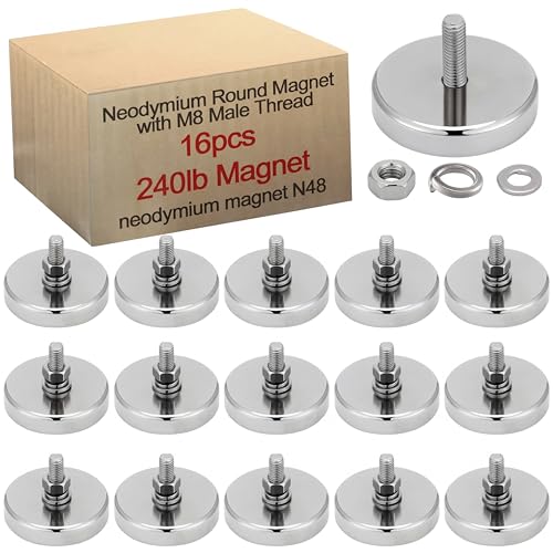 Image of Flutesan 16 Pieces Heavy Duty Round Mounting Magnet with Bolt 1.89in-240lb-M8 Silver with Male Thread Stud Strong Magnet Super Powerful for Lighting Camera Brackets License Plate