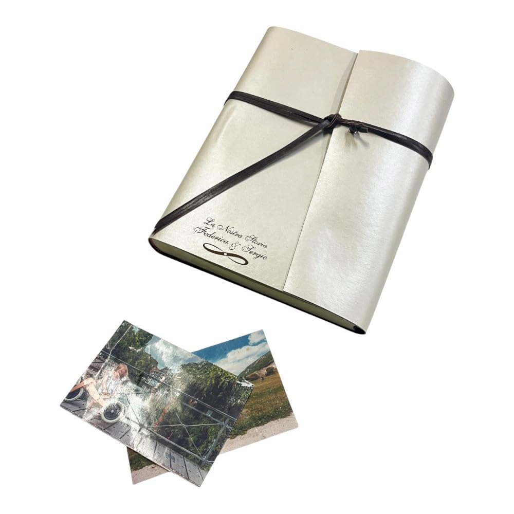 TriVin Art Album Fotografico Artigianale, Double Perla- in Ecopelle bicolore, personalizzabile con incisione. classico con velina Compleanno Regalo Wedding Eventi (Perla/Marrone)