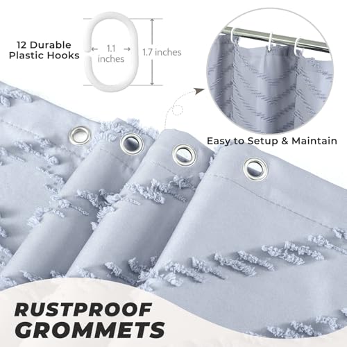 TURKIO Light Blue Boho Fabric Shower Curtain Tufted Chevron Striped Textured Cloth Curtains for Bathroom, Fog Blue by TURKIO - Image 5