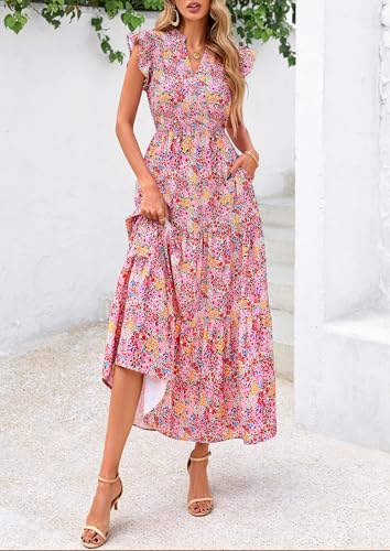 Image of PRETTYGARDEN Women's 2026 Summer Floral Midi Dress Cap Sleeve V Neck Ruffle Long Flowy Boho Casual Beach Vacation Dresses