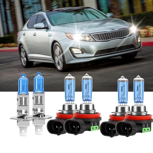 Fit For Kia Optima 2011-2013 Headlight Bulbs, H1 High Beam and H11B Low Beam and H11 Fog light Halogen Bulbs 300% Brightness 6000K High Performance Halogen Bulbs Combo 6PCS