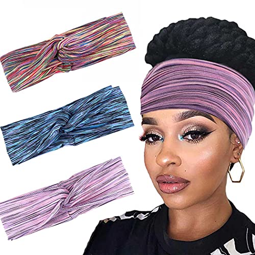 Gortin Boho Headbands Bule Stretch Hair Bands Knotted Head Wraps Ttrban Headband Wide Sweat Bands Stlylish Head Bands for Women pack of 3