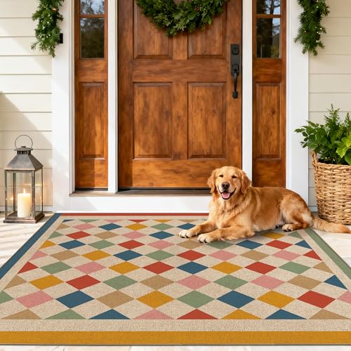 Washable 3x5 Colorful Diamond Checkered Jute Indoor Outdoor Entryway Rug