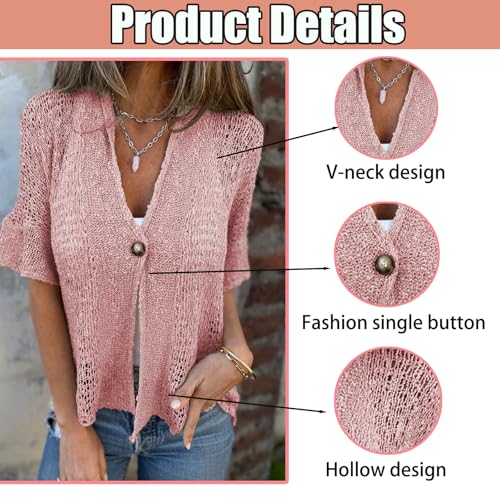 Hollow V-Neck Single Button Loose Short Sleeves, Hollow V-Neck Women's Crochet Cardigan3