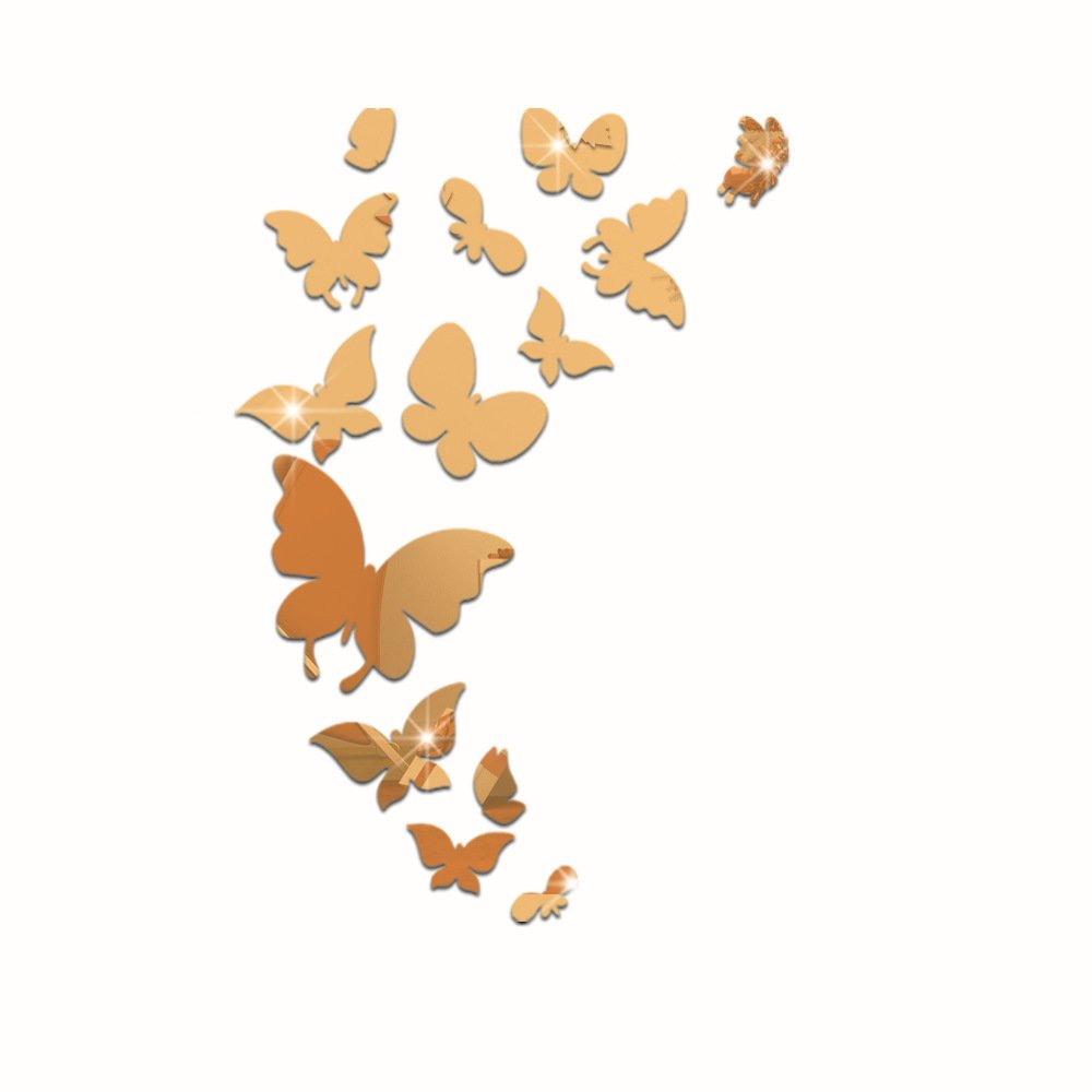 MEYA Set 14pcs DIY Butterfly Mirror Sticker, Beautiful 3D Butterfly Mirror Wall Decal&Murals DIY Home Decoration (Gold)
