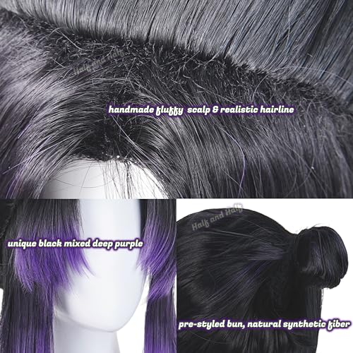 Image of Shinobu Kochou Cosplay Wig + Butterfly Short Black and Purple Anime Wigs | Purple Wigs with Bangs & Bun Warrior Costume DS Wigs Synthetic Hair for Women Halloween Party