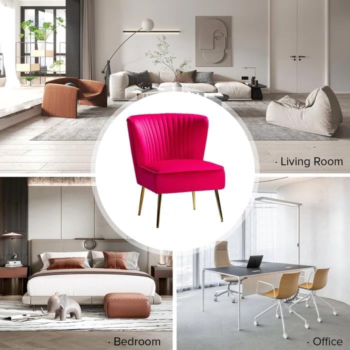 Image of Modern Upholstered Accent Velvet Chair Single Seater Channel Tufted Wing Back Chair with Golden Matel Legs for Living Room, Bedroom, Dining Room, Fuchsia