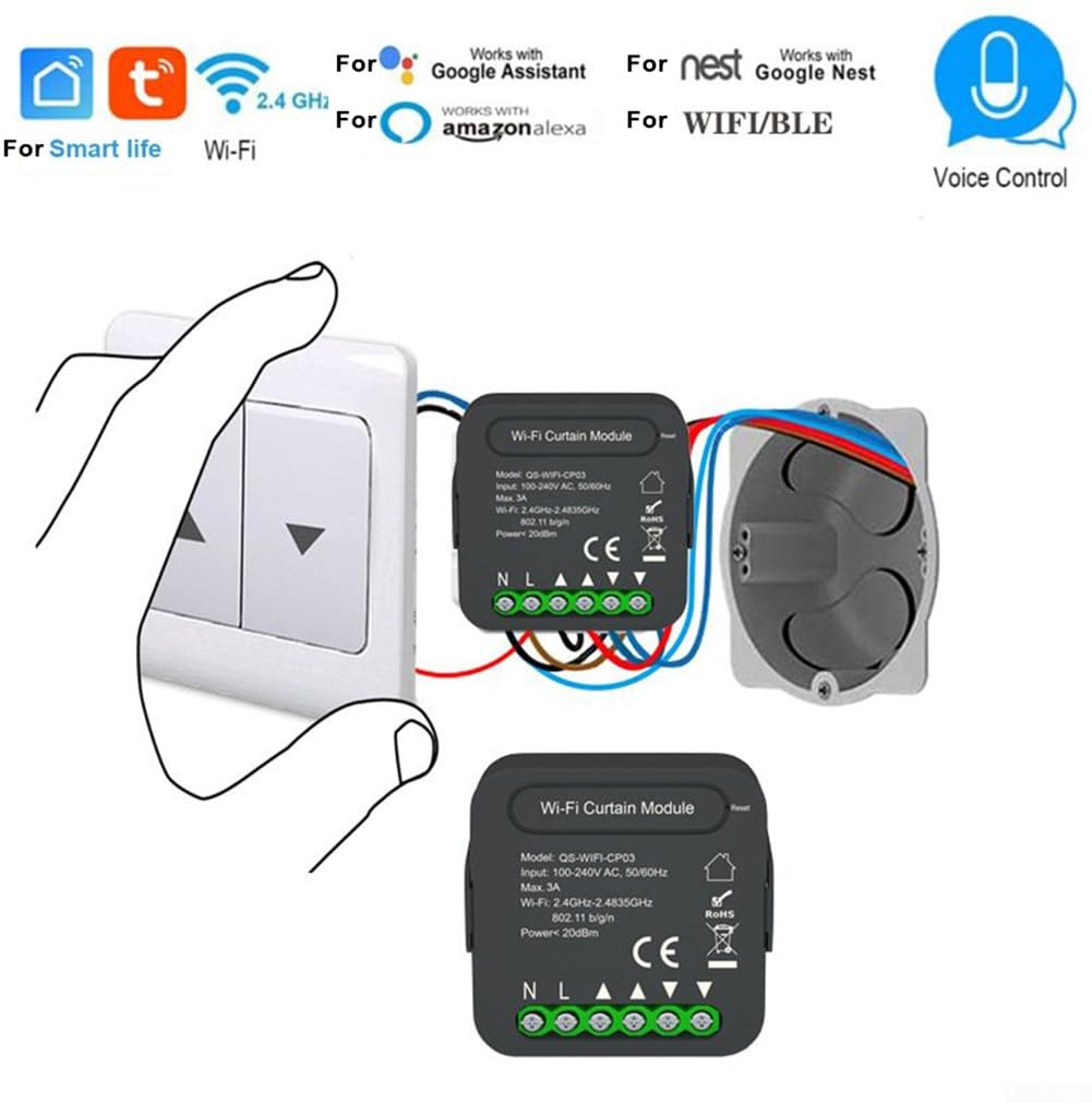 DAZZLEEX WiFi Smart Curtain Swtich, Smart Curtain Switch Modul - APP Fernbedienung - Sprachsteuerung - Timing-Funktion - Familienfreigabe - 100-240V AC